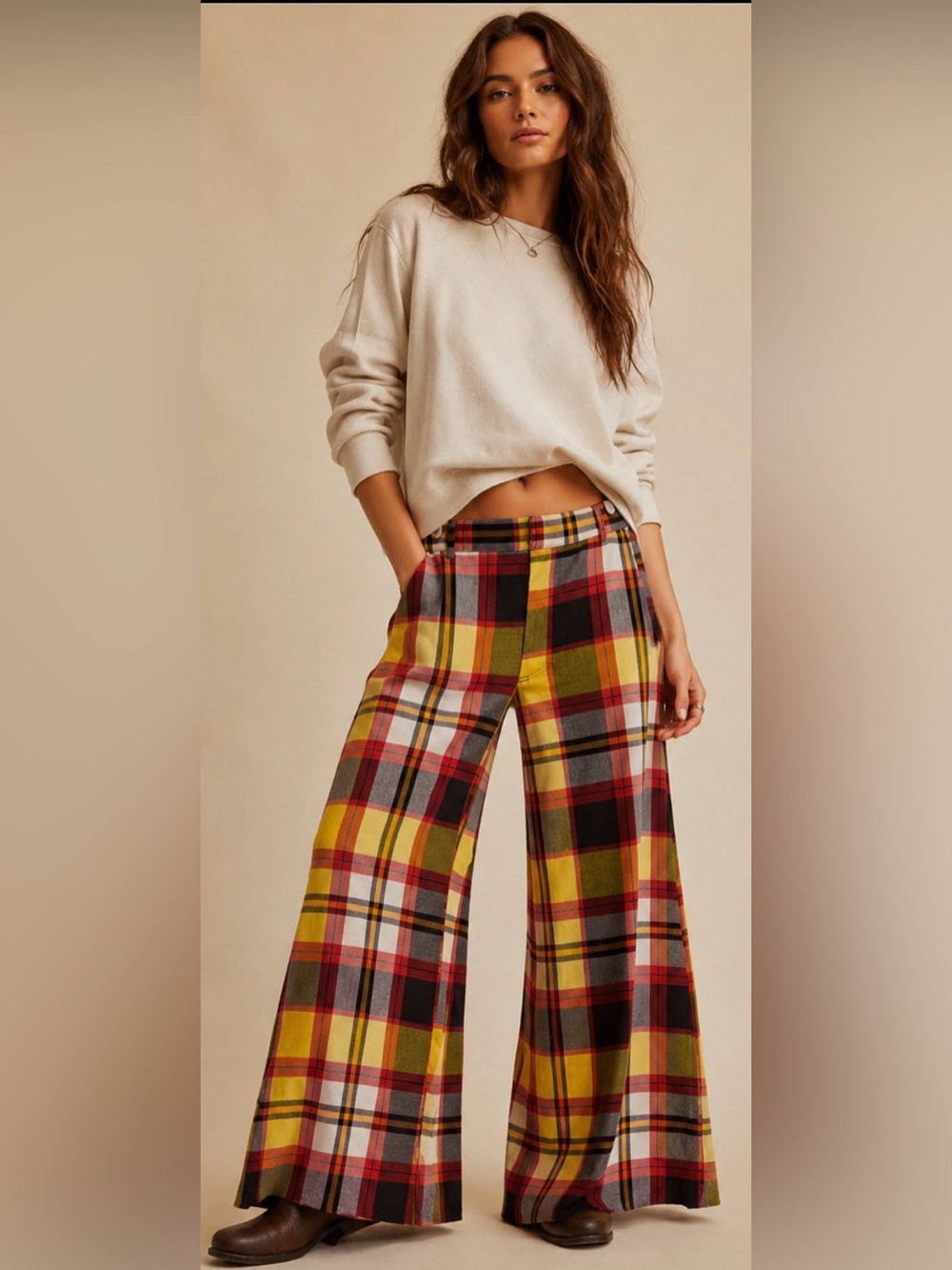 Free People Jules Plaid Wide Leg Pants in Yellow Multi - Size 6